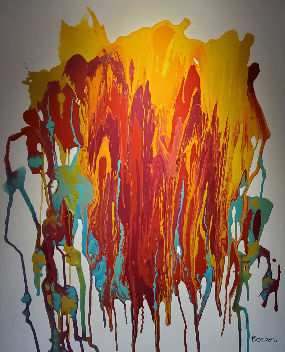 Flowing yellow, red, orange and turquoise abstract painting