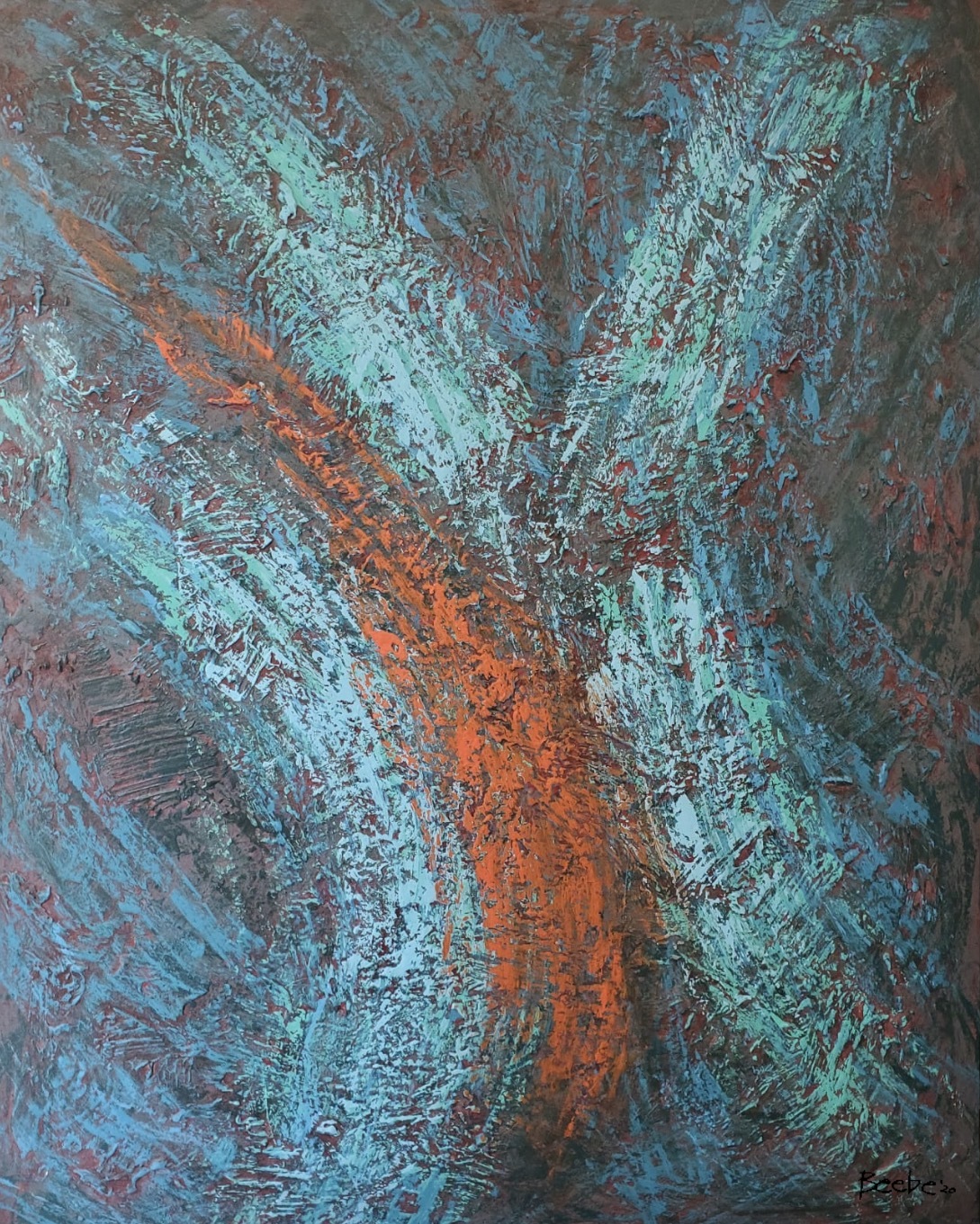 Textured turquoise, blue, charcoal and orange abstract painting