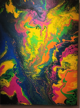Vibrant neon yellow, pink, orange, green and deep blue abstract painting