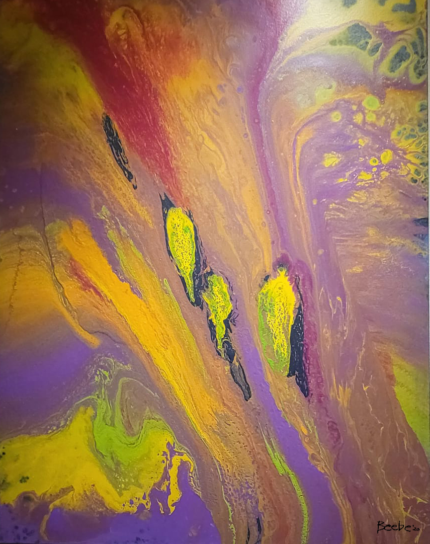 Burgundy, purple, ochre and yellow flowing abstract painting