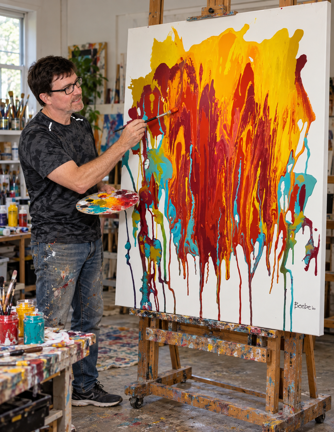 Mike painting a five-foot-high by four-foot-wide orange, red and turquoise abstract canvas in his studio