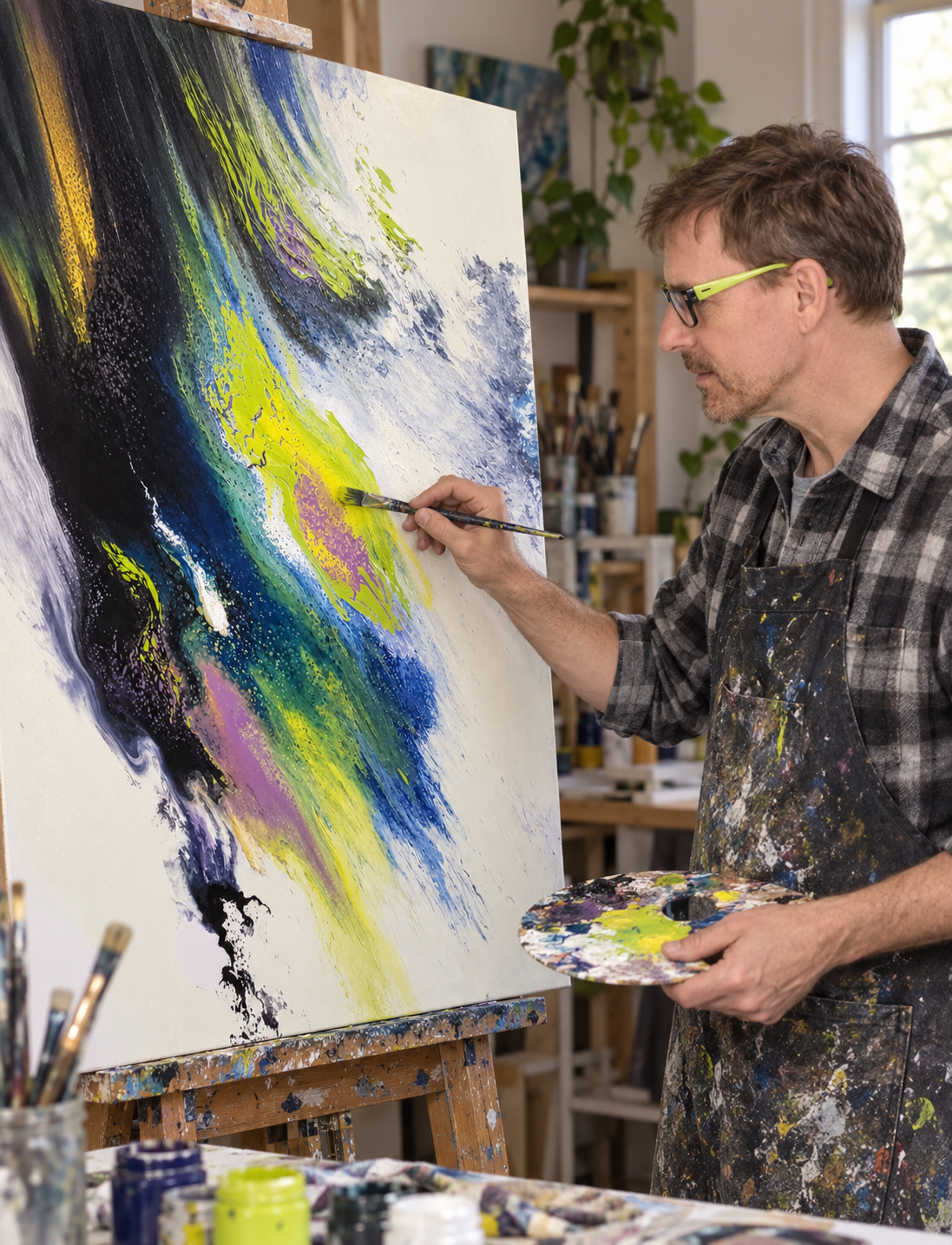 Mike painting a blue, green, black and white abstract canvas inside the studio
