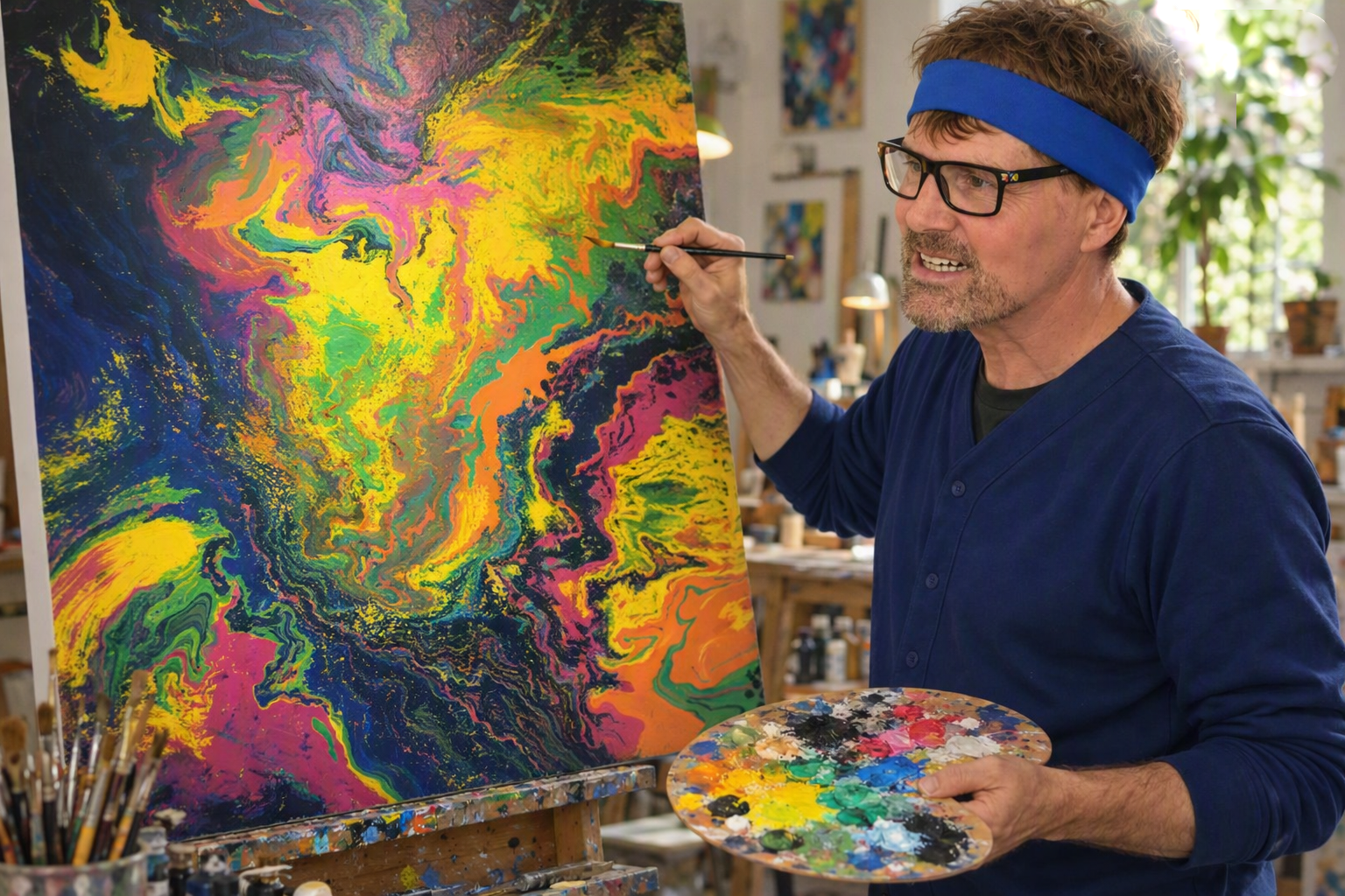Mike adding detail to a vivid abstract painting in his studio