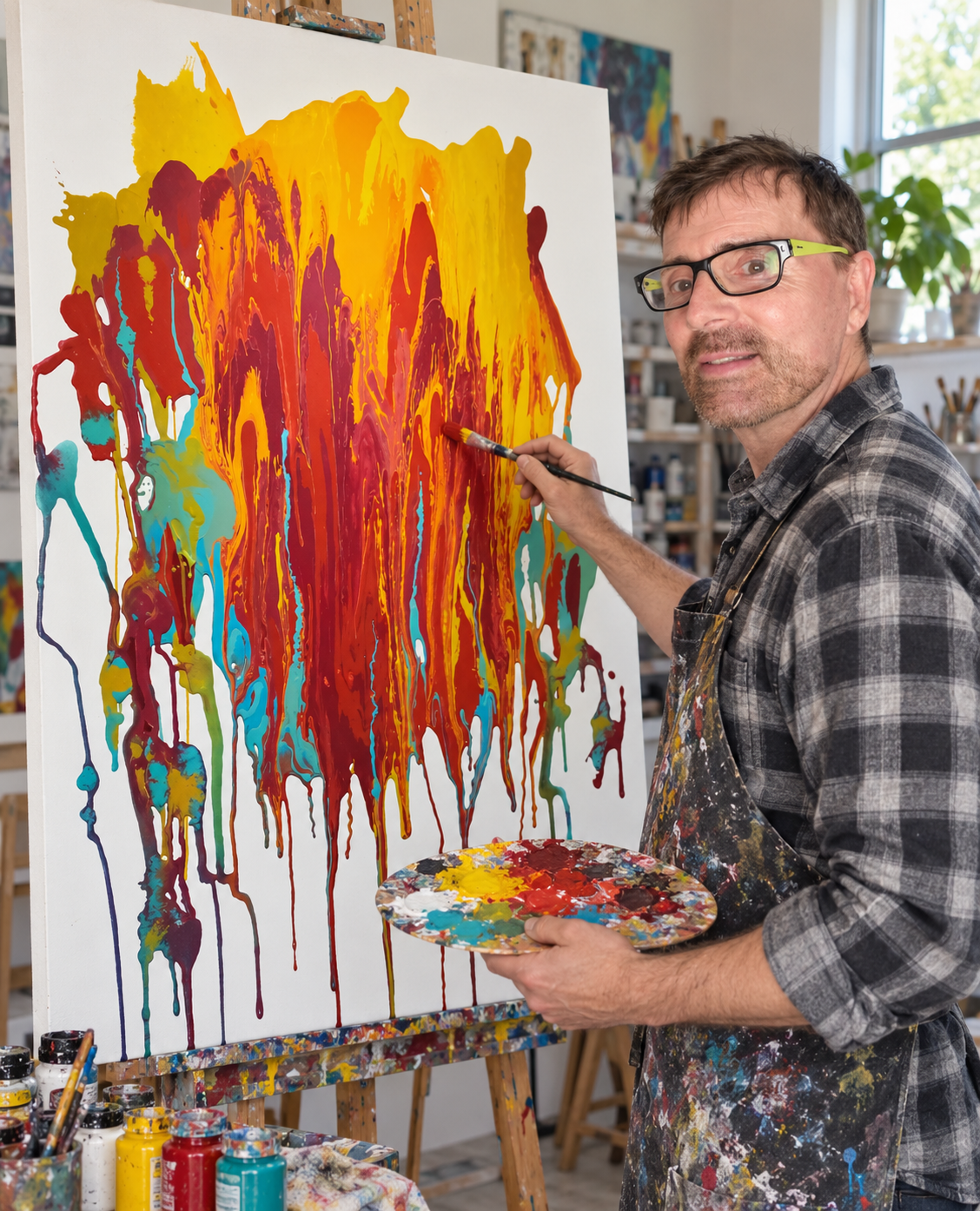 Mike painting an orange, red and turquoise abstract canvas inside the studio