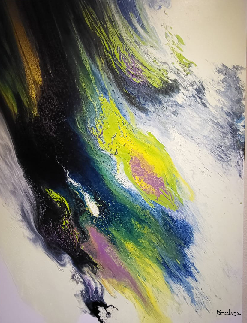 Abstract painting with sweeping black, blue, green, yellow and white forms