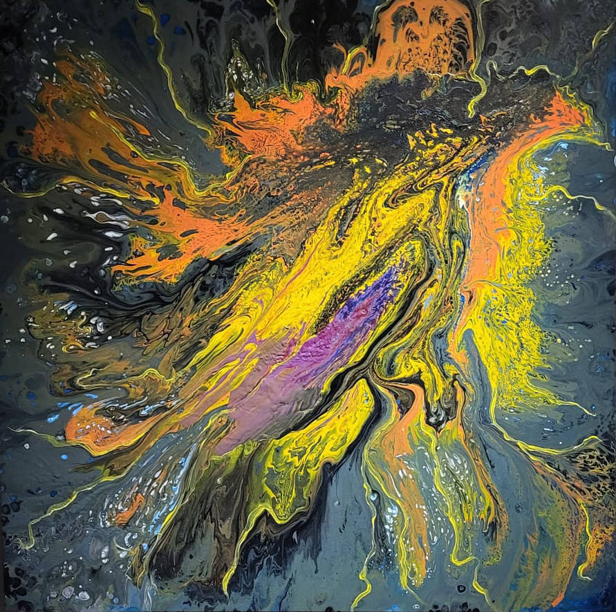 Black, gray, yellow, orange and purple flowing abstract painting