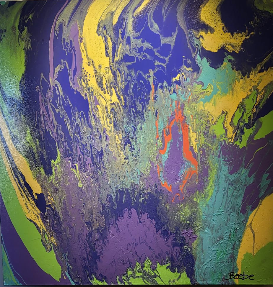 Purple, yellow, green and turquoise flowing abstract painting