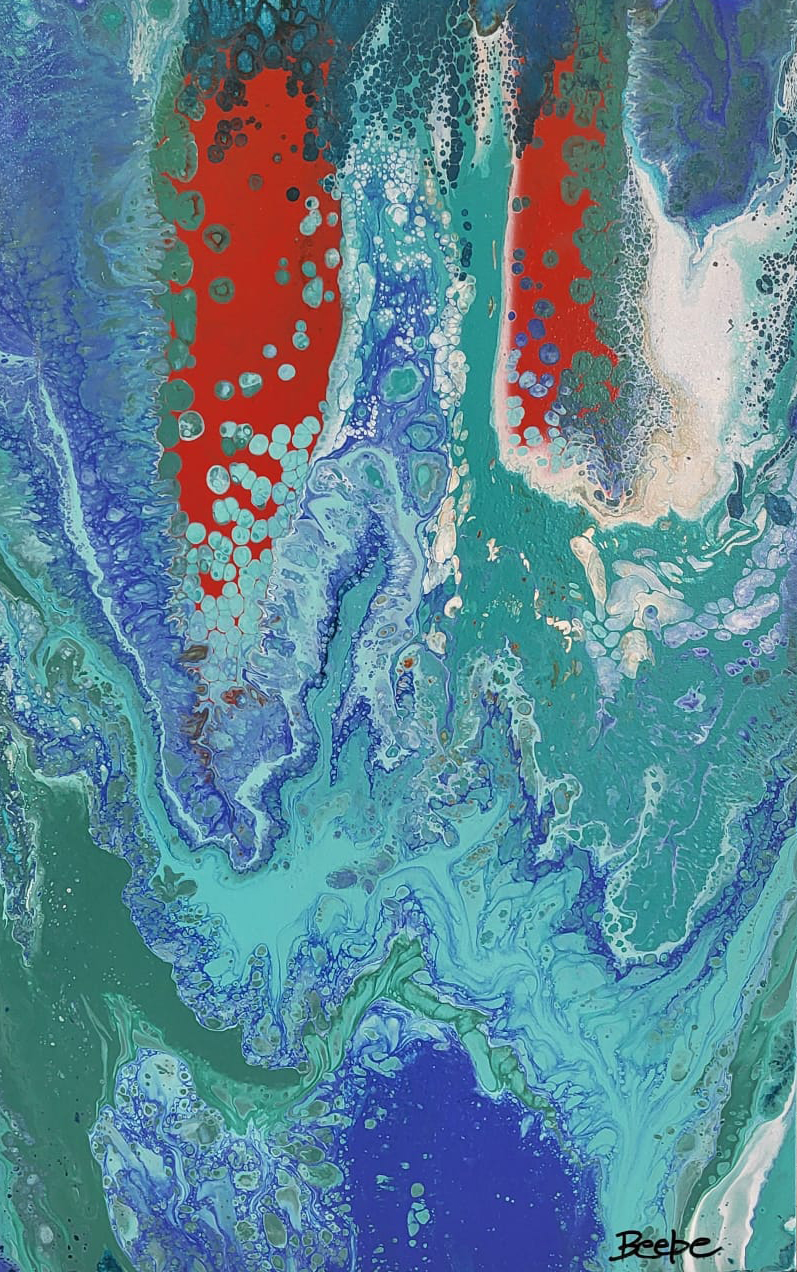 Turquoise, blue, red and white cellular abstract painting