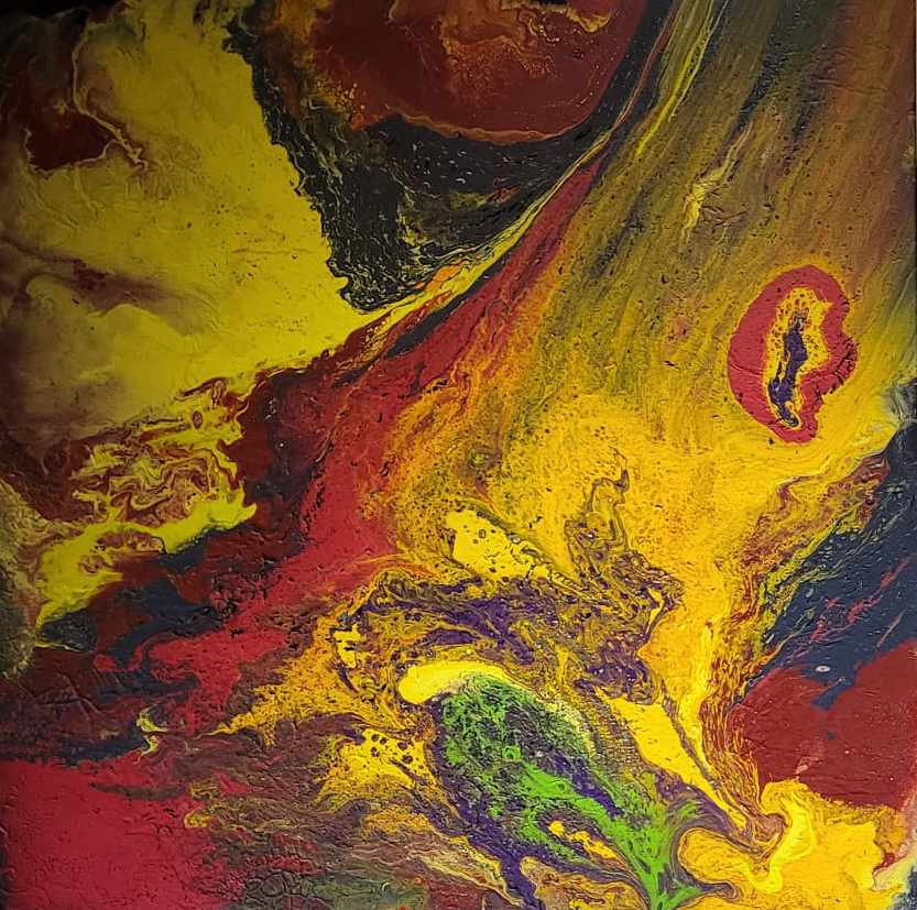 Yellow, burgundy, charcoal, purple and green abstract painting