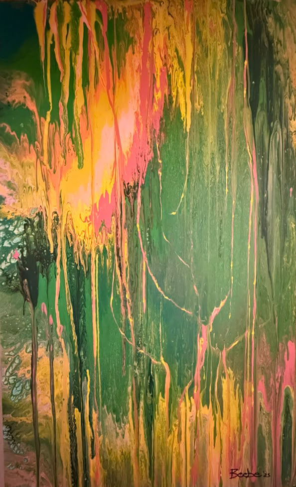 Green, coral, gold and black dripping abstract painting